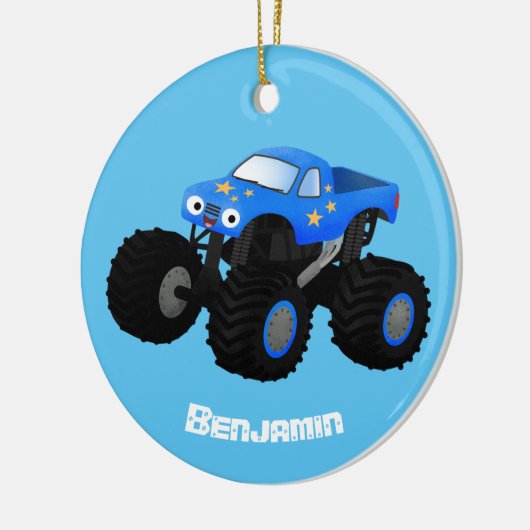 Cute blue monster truck cartoon illustratie keramisch ornament (Links)
