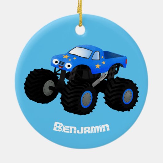 Cute blue monster truck cartoon illustratie keramisch ornament (Achterkant)