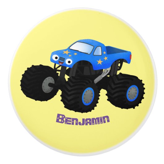 Cute blue monster truck cartoon illustratie keramische knop (Voorkant)