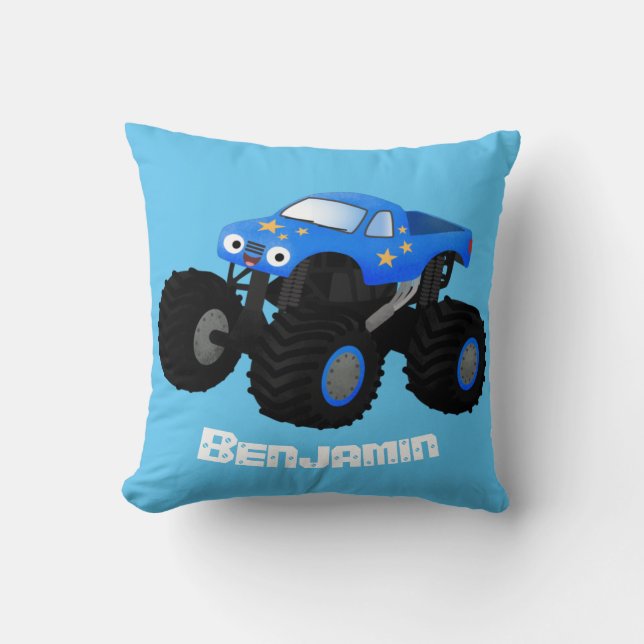 Cute blue monster truck cartoon illustratie kussen (Voorkant)