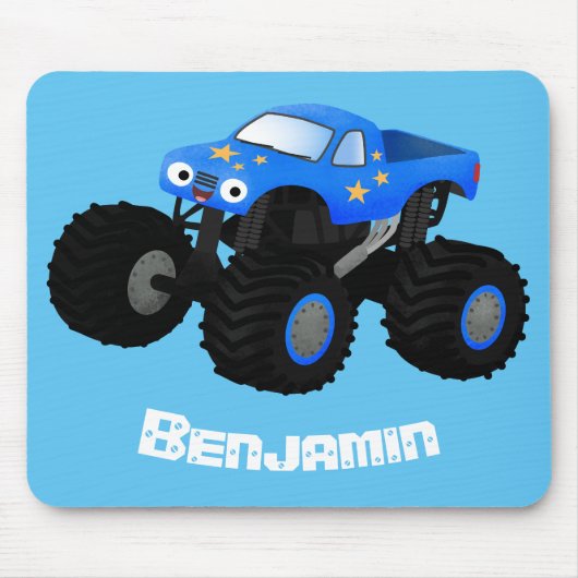 Cute blue monster truck cartoon illustratie muismat (Voorkant)