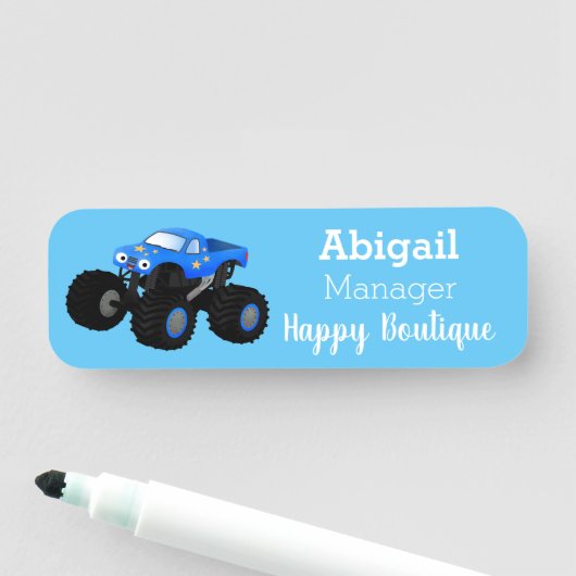 Cute blue monster truck cartoon illustratie naamplaatje (In situ)
