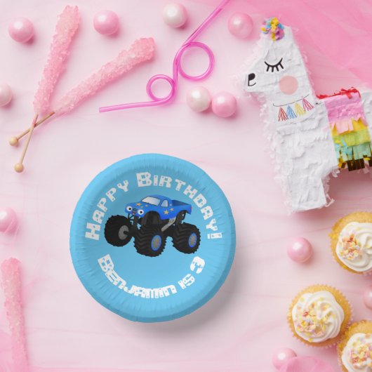 Cute blue monster truck cartoon illustratie papieren kommen (Feest)