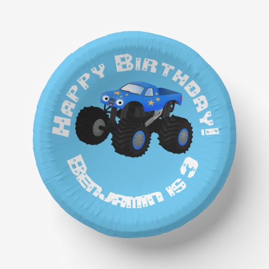 Cute blue monster truck cartoon illustratie papieren kommen (Voorkant)