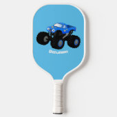 Cute blue monster truck cartoon illustratie pickleball paddle (Achterkant)