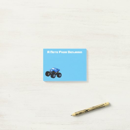 Cute blue monster truck cartoon illustratie post-it® notes (Op bureau)