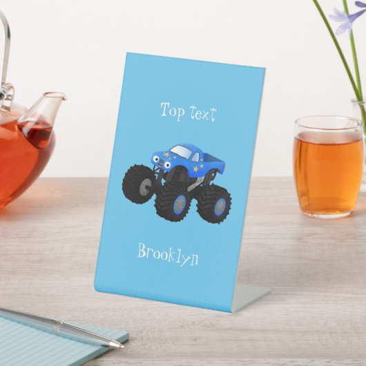 Cute blue monster truck cartoon illustratie reclamebord met voetstuk (Insitu)