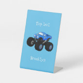 Cute blue monster truck cartoon illustratie reclamebord met voetstuk (Voorkant)