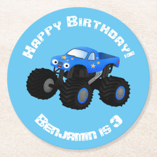 Cute blue monster truck cartoon illustratie ronde kartonnen onderzetter