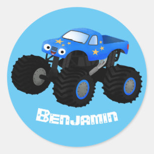 Cute blue monster truck cartoon illustratie ronde sticker