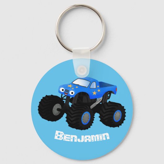 Cute blue monster truck cartoon illustratie sleutelhanger (Voorkant)