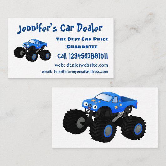 Cute blue monster truck cartoon illustratie visitekaartje (Voorkant / Achterkant)