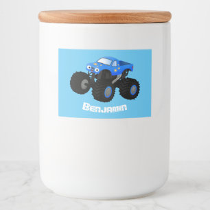 Cute blue monster truck cartoon illustratie voedselcontainer etiket