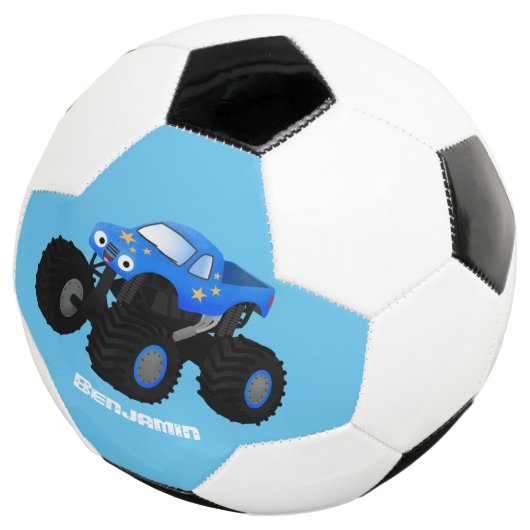 Cute blue monster truck cartoon illustratie voetbal (Drie kwart)