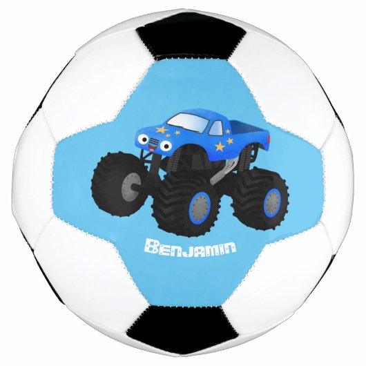 Cute blue monster truck cartoon illustratie voetbal (Voorkant)