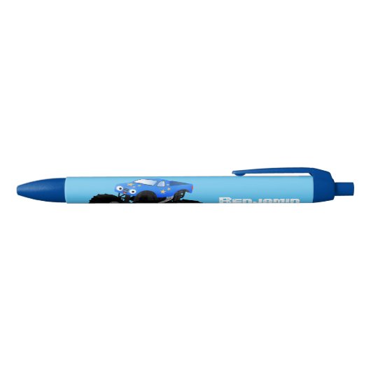 Cute blue monster truck cartoon illustratie zwarte inkt pen (Bovenkant)