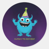 Cute Blue Monster Verjaardagsfeestje Ronde Sticker (Voorkant)