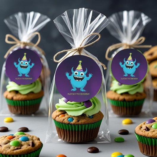 Cute Blue Monster Verjaardagsfeestje Ronde Sticker