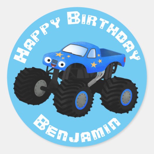 Cute blue-monstertruck cartoon verjaardag ronde sticker (Voorkant)