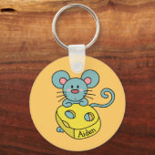 Cute Blue Mouse en Cheese Kinder, speciaal geperso Sleutelhanger (Voorkant)
