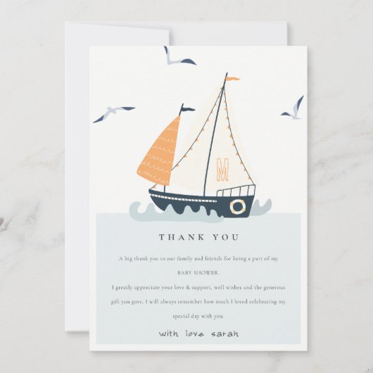 Cute Blue Nautical Sailboat Pastel Baby shower Bedankkaart (Voorkant)