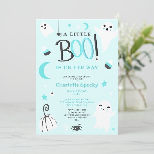 Cute blue not spooky Halloween boo baby shower Kaart (Staand voorkant)