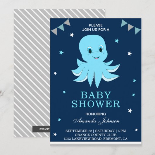 Cute Blue Octopus Baby shower Invitation Kaart (Voorkant / Achterkant)