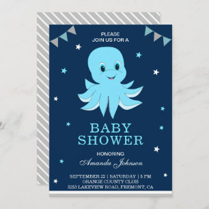 Cute Blue Octopus Baby shower Invitation Kaart