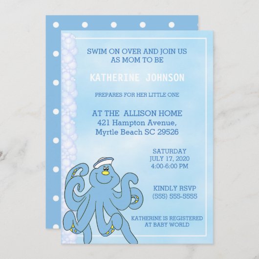 Cute Blue Octopus Baby shower Invitation Kaart (Voorkant / Achterkant)