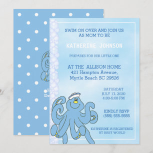 Cute Blue Octopus Baby shower Invitation Kaart