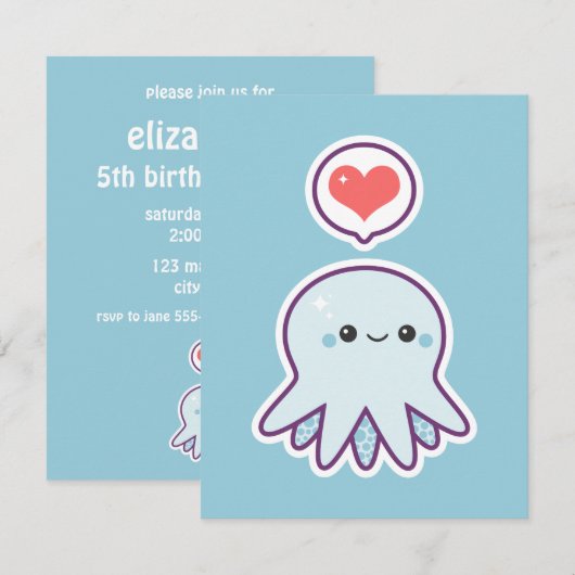 Cute Blue Octopus Birthday Party Kaart (Voorkant / Achterkant)