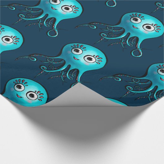 Cute Blue Octopus - Kawaii Cartoon Animal Zee Cadeaupapier (Hoek)