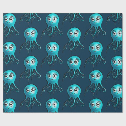 Cute Blue Octopus - Kawaii Cartoon Animal Zee Cadeaupapier (Vlak)
