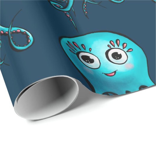 Cute Blue Octopus - Kawaii Cartoon Animal Zee Cadeaupapier (Rol Hoek)