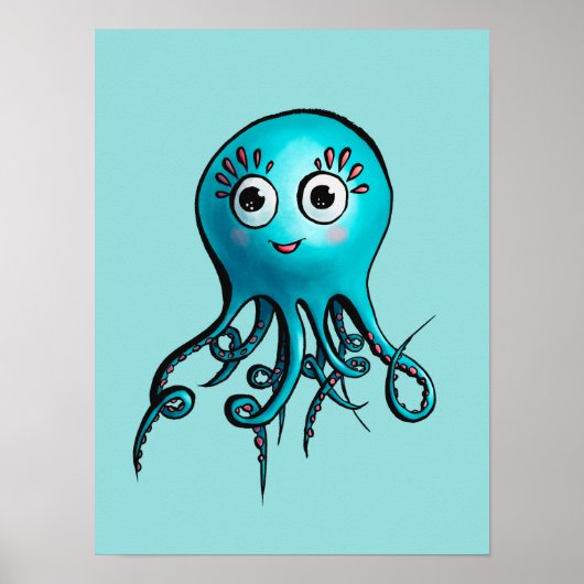 Cute Blue Octopus - Kawaii Cartoon Zee Dierlijke K Poster (Voorkant)