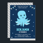 Cute Blue Octopus Kids Birthday Party Invitation Kaart<br><div class="desc">Nodig uw gasten uit met deze schattige uitnodiging voor een verjaardagsfeestje met een schattige kleine octopus met levendige elementen tegen een blauw marineklein. Voeg eenvoudig uw gebeurtenisdetails op deze makkelijk te gebruiken sjabloon toe om het één-van-een-soort uitnodiging te maken. Draai de kaart om een grijs en wit strepen patroon op...</div>