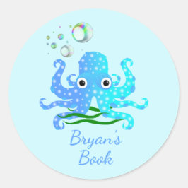 Cute Blue Octopus met bubels Nautical Book Bord Ronde Sticker