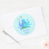 Cute Blue Octopus met bubels Nautical Book Bord Ronde Sticker (Envelop)