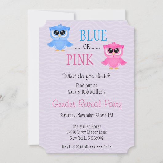 Cute Blue of Pink Owl Gender onthullen Invite Kaart (Voorkant)