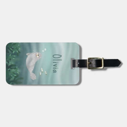 Cute Blue onder het Zee Ocean Seal Kinder Bagagelabel (Voorkant horizontaal)