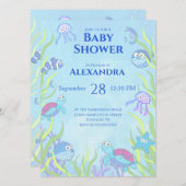 Cute Blue onder Zee Boy Baby shower Invitation (Voorkant / Achterkant)