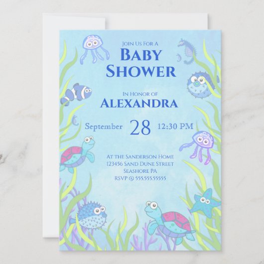 Cute Blue onder Zee Boy Baby shower Invitation (Voorkant)