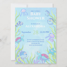 Cute Blue onder Zee Boy Baby shower Invitation