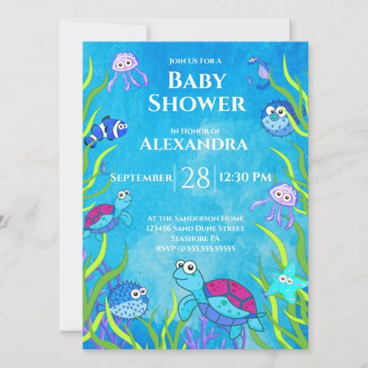 Cute Blue onder Zee Boy Baby shower Invitation (Voorkant)