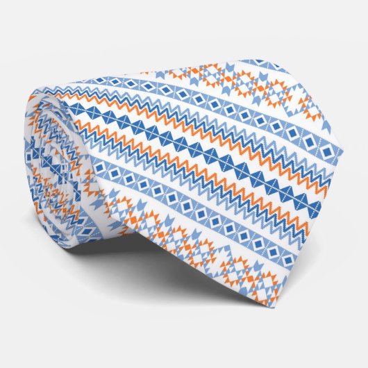 Cute blue oranje Aztec Tribal Motif Pattern Stropdas (Opgerold)