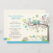 Cute Blue Owl Boy Baby Shower Invitations Kaart (Voorkant / Achterkant)
