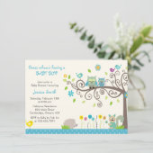 Cute Blue Owl Boy Baby Shower Invitations Kaart (Staand voorkant)