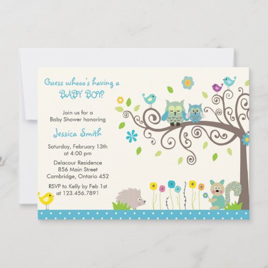 Cute Blue Owl Boy Baby Shower Invitations Kaart (Voorkant)
