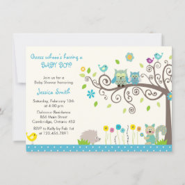 Cute Blue Owl Boy Baby Shower Invitations Kaart
