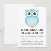 Cute Blue Owl Boy Baby Shower Invitations Kaart (Voorkant / Achterkant)
